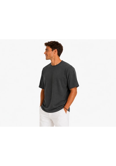 Vasto Moda Erkek Tam Oversize Kalıp Kalın Dokulu Organik Pamuk Bisiklet Ribana Yakalı Füme T-shirt