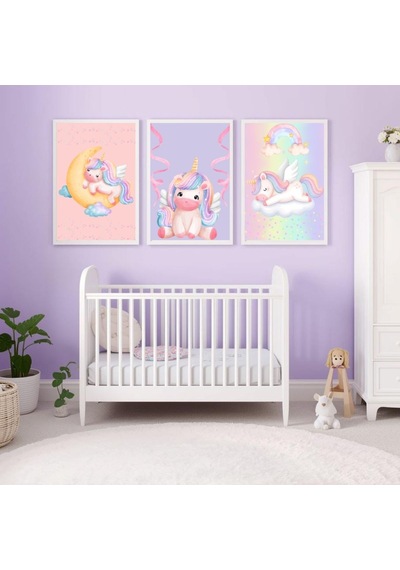 Besay Masal Dünyası Unicorn Çocuk Odası Posteri Dekoratif 3lü Set A4 Çerçevesiz