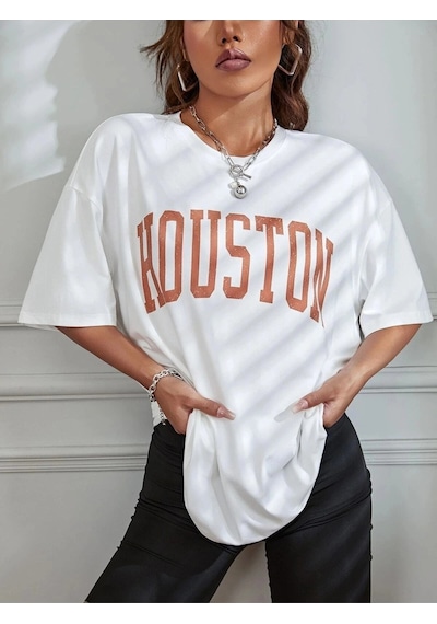 Startmore Kadın Beyaz Houston Baskılı Oversize T-shirt Beyaz