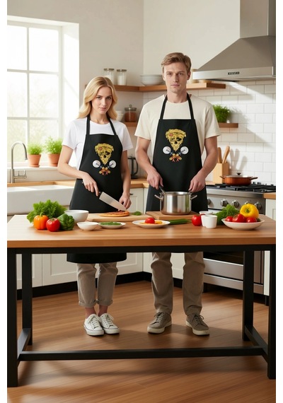 Erkek Unisex Aşçı Önlüğü Eritilmiş Pizza İskelet Baskılı Mutfak G Siyah