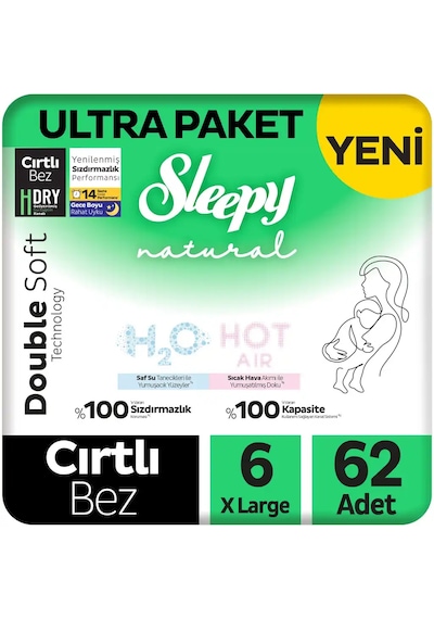 Sleepy Natural Double Soft Ultra Paket Bebek Bezi 6 Numara Xlarge 62 Adet