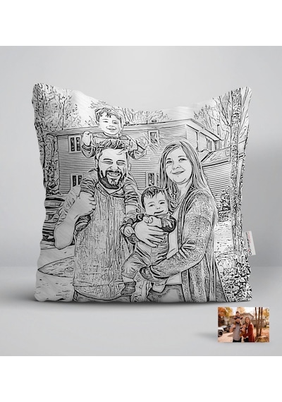Kişiye Özel Tam Boy Karakalem Aile Karikatürlü Beyaz Yastık-2