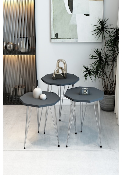 3'lü Sekizgen Zigon Sehpa Seti - Gümüş Metal Ayaklı, Modern & Şık Yan Sehpa, Dayanıklı Salon Ofis Antrasit