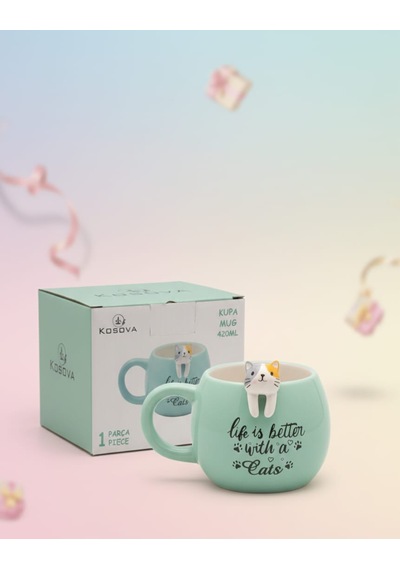 Kedi Figürlü Mug Kupa 420 Ml Yazılı Seramik Kupa Sevimli Cat Mug Hediye Kupa Bardak Mint Yeşili