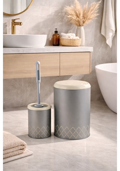 Geometrik Zikzak Desenli 2'li Banyo Seti Gri