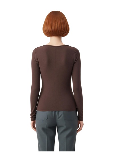 Ersefa Stil Kadın Çıtçıtlı Fitted Vücuda Oturan Fitilli Esnek Bluz Regul Açık Kahverengi