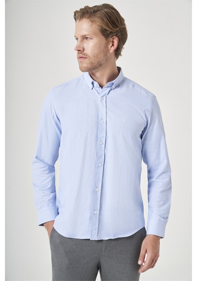 İmza Mavi Düğmeli Yaka Oxford Slim Fit Pamuklu Gömlek 1004265284