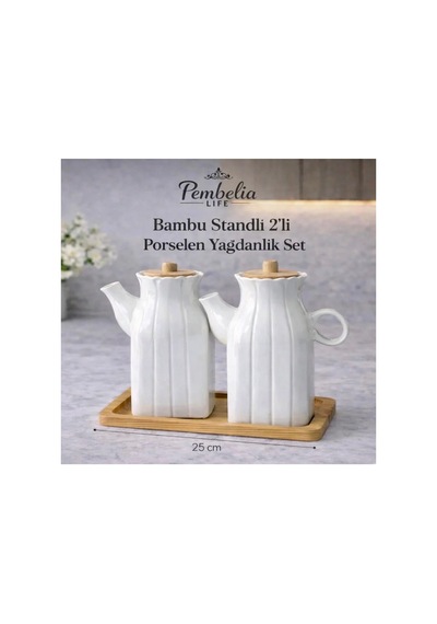 Bambu Standlı 2adet Kare Porselen 1 Lt Yağdanlık&yağlık 3'lu Yağlık Set Yeşil Yeşil