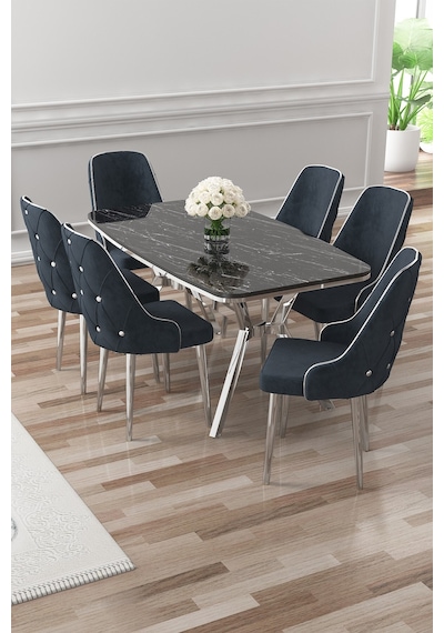 Canisa Asel Serisi 90x160 Lak Panel Siyah Mermer Desen Krom Detay Masa Takımı Ve 6 Sandalye Siyah Mermer Masa Sandalye Antrasit Krom Detay Canisa Asel Serisi 90x160 Lak Panel Siyah Mermer Desen Krom Detay Masa Takımı Ve 6 Sandalye Siyah Mermer Masa Sandalye Antrasit Krom Detay