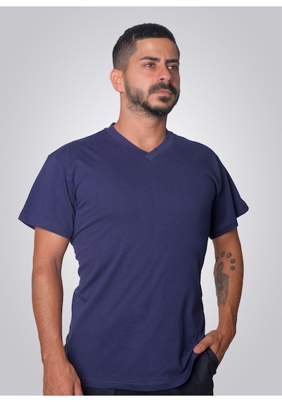 Lukitus Pamuklu V Yaka Kısa Kol Erkek T-shirt Lacivert