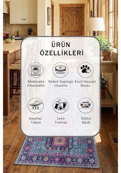 Vintage 221 Gri Yıkanabilir Mutfak Halısı