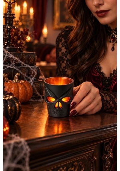 Led Işıklı Kuru Kafa Bardak Halloween Cadılar Bayramı Siyah Turuncu Kafatası Dekoru 7 Cm Renkli