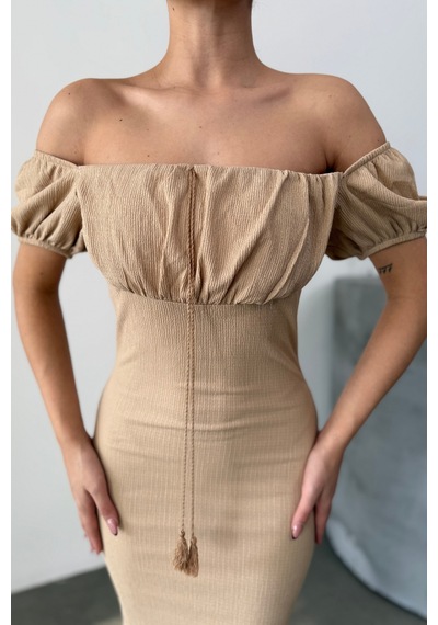 Msm Fashion Kadın Elbise Mini Yazlık Kısa Kollu Yaka Detaylı Esnek Bodycon Elbise Bej