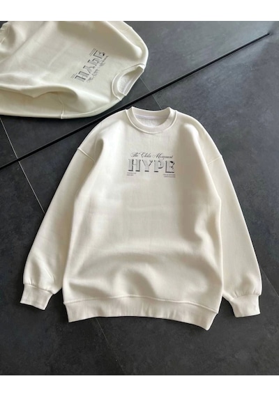 İkales Üç İplik Bisiklet Yaka Baskılı Sweatshirt - Beyaz