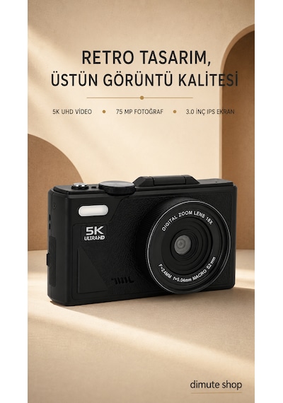 5k Uhd 75 Mp Dijital Kamera 18x Zoom Retro Tasarım Seyahat & Vlog Fotoğrafçılığı Siyah