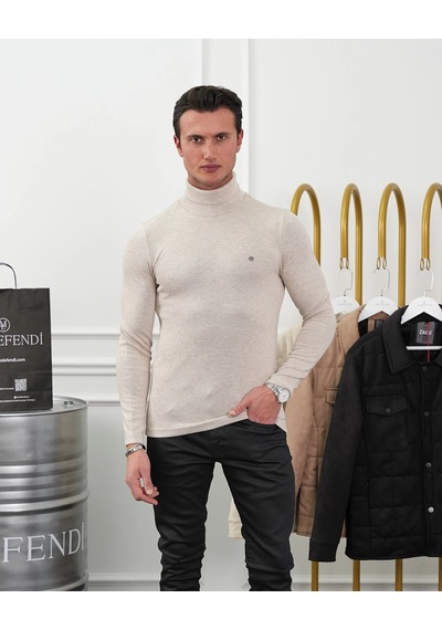 Modefendi Slim Fit İtalyan Kesim Tam Balıkçı Boğazlı Kazak Bej