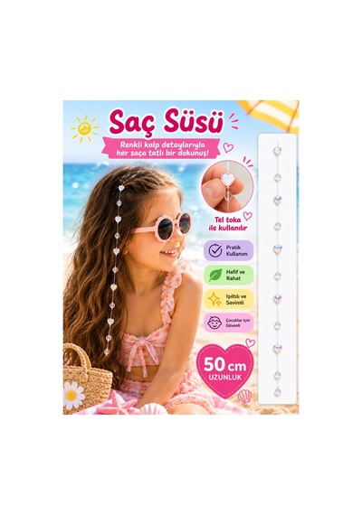 Işıltılı Kalp Boncuklu Çocuk Saç Süsü - 50 Cm Pratik Tel Tokalı