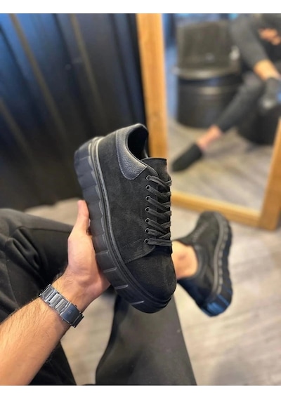 Mevese Ares Bağcıklı Süet Erkek Günlük Sneaker Yüksek Taban Ayakkabı - Siyah