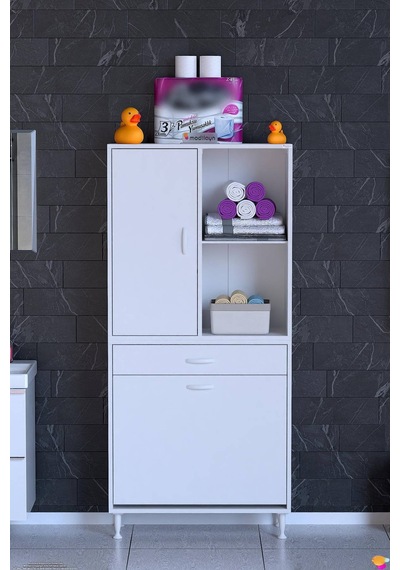 Afra 70 Cm 2 Gözlü Kirli Çamaşır Sepet, 1 Kapak Ve Çekmeceli 4 Raflı Çok Amaçlı Banyo Dolabı Beyaz Afra 70 Cm 2 Gözlü Kirli Çamaşır Sepet, 1 Kapak Ve Çekmeceli 4 Raflı Çok Amaçlı Banyo Dolabı Beyaz
