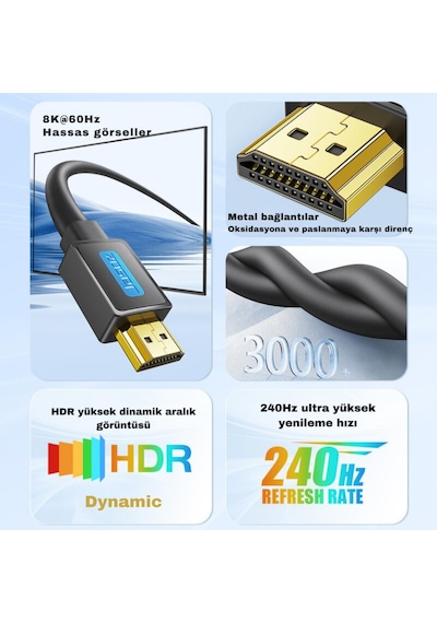 Polham Jasoz Altın Kaplama 2 Metre Hd Series 120hz 8k Hdmı To Hdmı 2.1v Hdmı Kablosu Görüntü Aktarım Kablosu