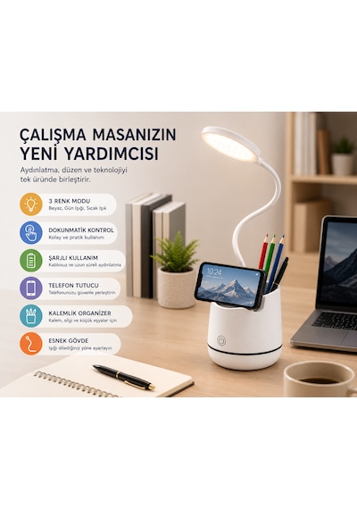 Şarjlı Led Masa Lambası Dokunmatik 3 Modlu Telefon Tutuculu Kalemlik Organizerli Esnek Gövdeli Çalışma Lambası Beyaz