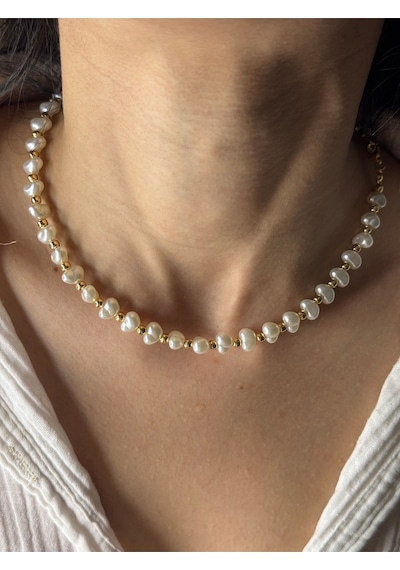 Altın Top Detaylı Beyaz İnci Kolye Choker Model Altın