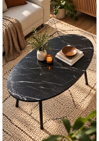 Sulorahome Siyah Oval Orta Sehpa Metal Ayaklı