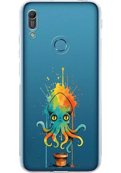 Huawei Y6 Pro 2019 İle Uyumlu Splash Ahtapot Tasarımlı Şeffaf Silikon Kılıf Şeffaf