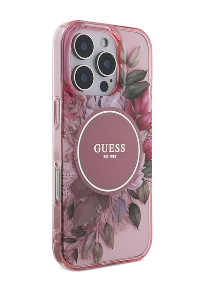 Apple Uyumlu iPhone 16 Pro Kılıf Guess Lisanslı Magsafe Özellikli Iml Baskılı Çiçek İnci Bileklikli Pembe