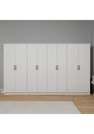 Kardelen Serisi 300 Cm Mat Beyaz 8 Kapılı 13 Raflı Elbise Dolabı - Gardırop Seti Beyaz