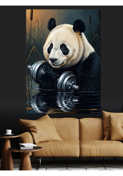 Ahşap Tablo Ağırlık Kaldıran Güçlü Panda Figürü