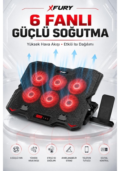 Fury E-sport Laptop Soğutucu 6 Fanlı Lcd Kontrol Panel Ayarlanabilir Dizüstü Bilgisayar Soğutma Fanı