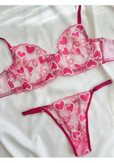 Arinda Love İn The Air Pembe Kalp Desenli İşlemeli Brode Kapsız Balenli Bralette Sütyen Tanga Alt Üst Çamaşırı Takımı 2 Parça