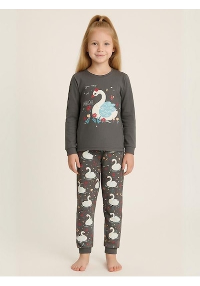 Kız Çocuk Kuğu Baskılı Pamuklu Pijama Takımı-16057 Haki
