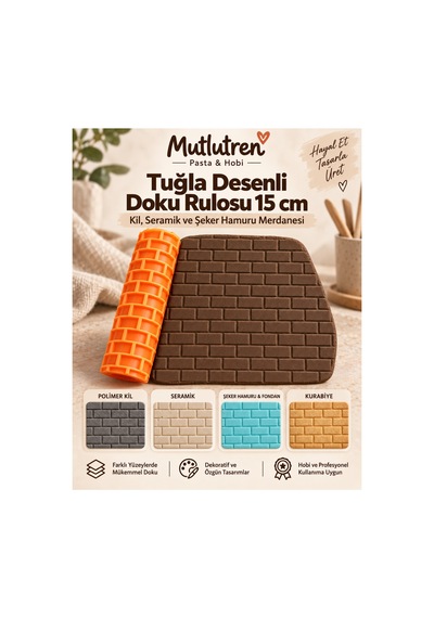 Tuğla Desen Doku Rulosu 15 Cm Kil, Seramik Ve Şeker Hamuru Merdanesi Çok Renkli