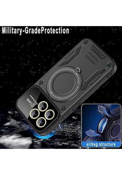 Xiaomi Mi 15t Pro Kılıf Magsafe Dönebilen Halkalı Standlı Gold Detaylı Kamera Lensli Korumalı Military Tank Kapak Siyah