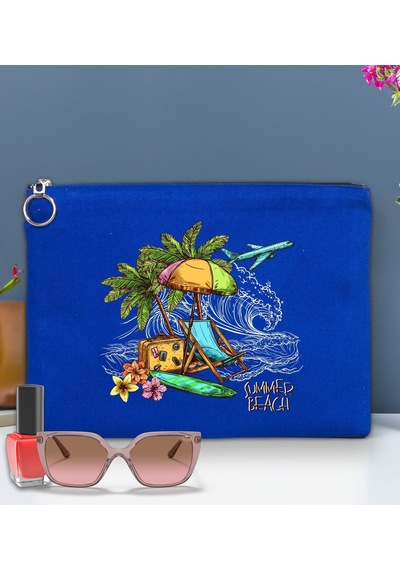 Bk Gift Yaz Temalı-9 Astarlı Mavi Portföy Çanta 30x21cm, Baskılı El Çantası, Organizer Çanta