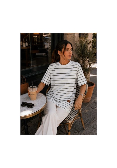Tenra Kadın Beyaz Çizgili Oversize Kısa Kol Basic Tunik Tişört Yeşil