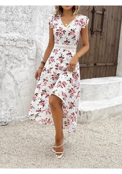 Efnaz Style Kadın Kısa Kollu V Yakalı Çiçek Desenli Önü Kısa Arkası Uzun Süprem Elbise