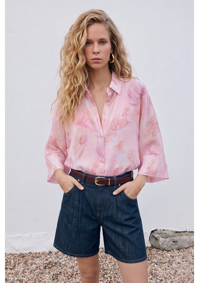 Sateen Yarasa Kol Desenli İnce Gömlek - Pembe-137689