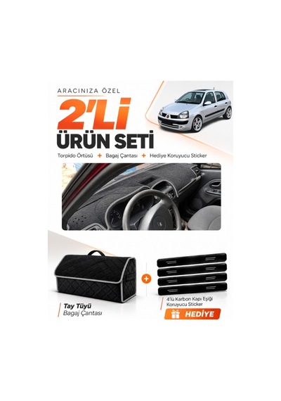 Renault Clio 2 Üst Çukurlu 2003-2006 Uyumlu Torpido Örtüsü + Tay Tüyü Çanta Seti - Siyah Gri