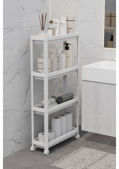 Mithra Life 4 Katlı Tekerlekli Slim İnce Beyaz Banyo Mutfak Rafı Mıt1200