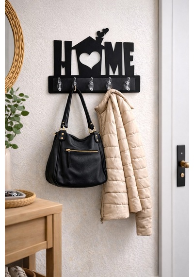 Home Yazılı Dekoratif Duvar Askılığı 6 Kancalı Anahtarlık Ve Askı 39,5 X 28,5 Cm Siyah Siyah