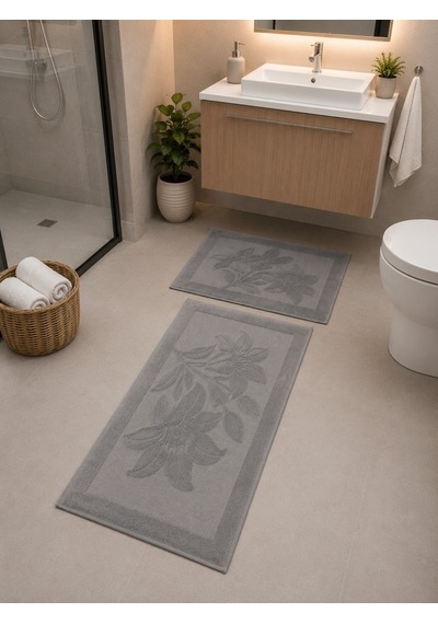 Kabartma Çiçek Desenli 2 Li Banyo Paspas Seti Yumuşak Dokulu Modern Banyo Halısı Gri