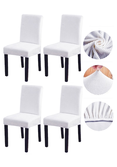 Bambu Nano Kumaş Likralı Lastikli Sandalye Kılıfı Yıkanabilir Esnek Sandalye Örtüsü 4 Lü Set Beyaz