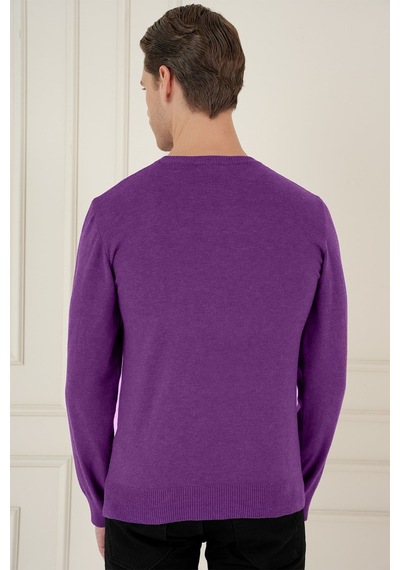 Slim Fit Ribanalı Düz Mor Yünlü Bisiklet Yaka Triko Kazak Tr 900