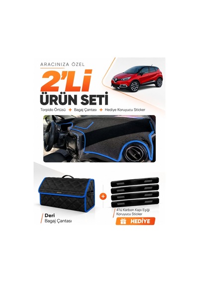 E-biz Renault Captur 1 2013-2019 Uyumlu Torpido Örtüsü + Deri Bagaj Çantası - Siyah-mavi - Re035