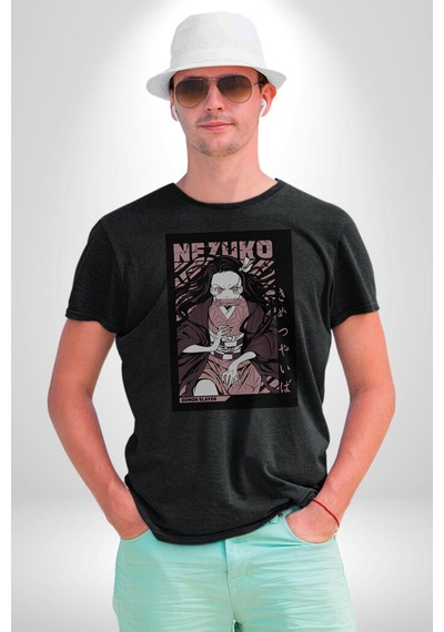 Nezuko Demon Slayer Unisex Unisex Siyah Organik Baskılı T-shirt Penye Yüksek Kalite Siyah