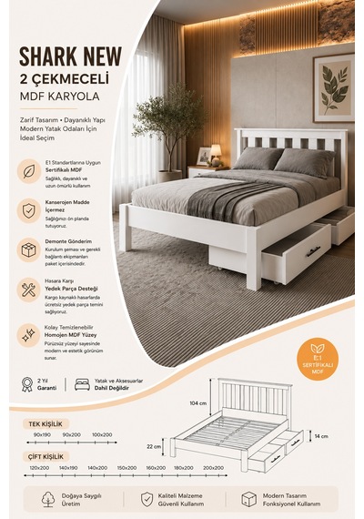 Shark New 2 Çekmeceli Çift Kişilik Mdf Karyola 140x190 Yatak Uyumlu - Beyaz Shark New 2 Çekmeceli Çift Kişilik Mdf Karyola 140x190 Yatak Uyumlu - Beyaz