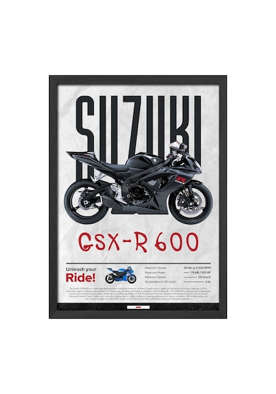 Suzuki Gsx-r 600 Siyah Ahşap Çerçeveli Poster, Dekoratif Motosiklet Duvar Tablosu